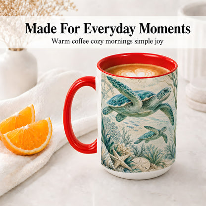 #pl[15oz|Red] Sea Turtle Coastal Ceramic Mug, Ocean Wildlife Artwork