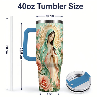 #pl[40oz|Blue] Virgin Mary Floral 40oz Tumbler with Roses and Butterfly Artwork