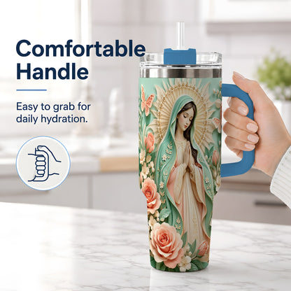 #pl[40oz|Blue] Virgin Mary Floral 40oz Tumbler with Roses and Butterfly Artwork