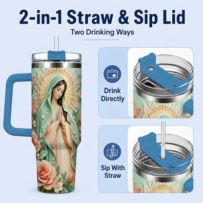 #pl[40oz|Blue] Virgin Mary Floral 40oz Tumbler with Roses and Butterfly Artwork