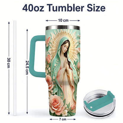 #pl[40oz|Green] Virgin Mary Floral 40oz Tumbler with Roses and Butterfly Artwork