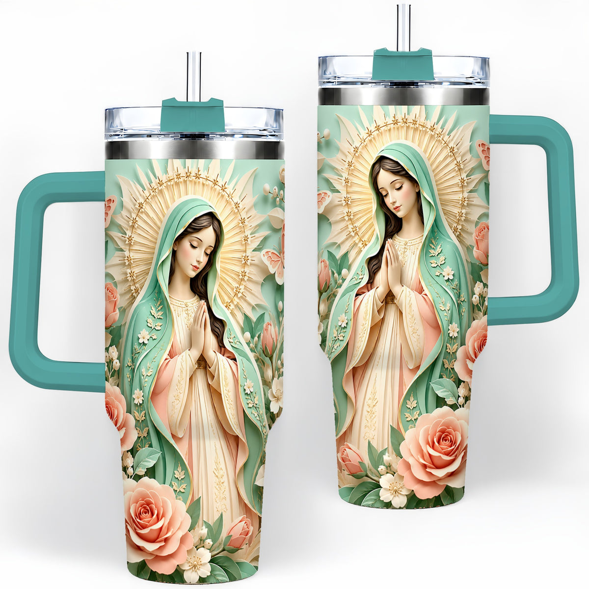 #pl[40oz|Green] Virgin Mary Floral 40oz Tumbler with Roses and Butterfly Artwork