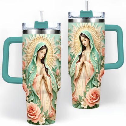 #pl[40oz|Green] Virgin Mary Floral 40oz Tumbler with Roses and Butterfly Artwork
