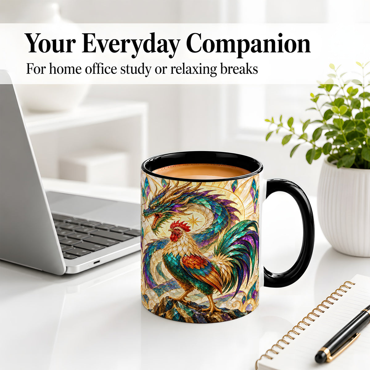 #pl[11oz|Black] Stained Glass Style Rooster Dragon Ceramic Mug