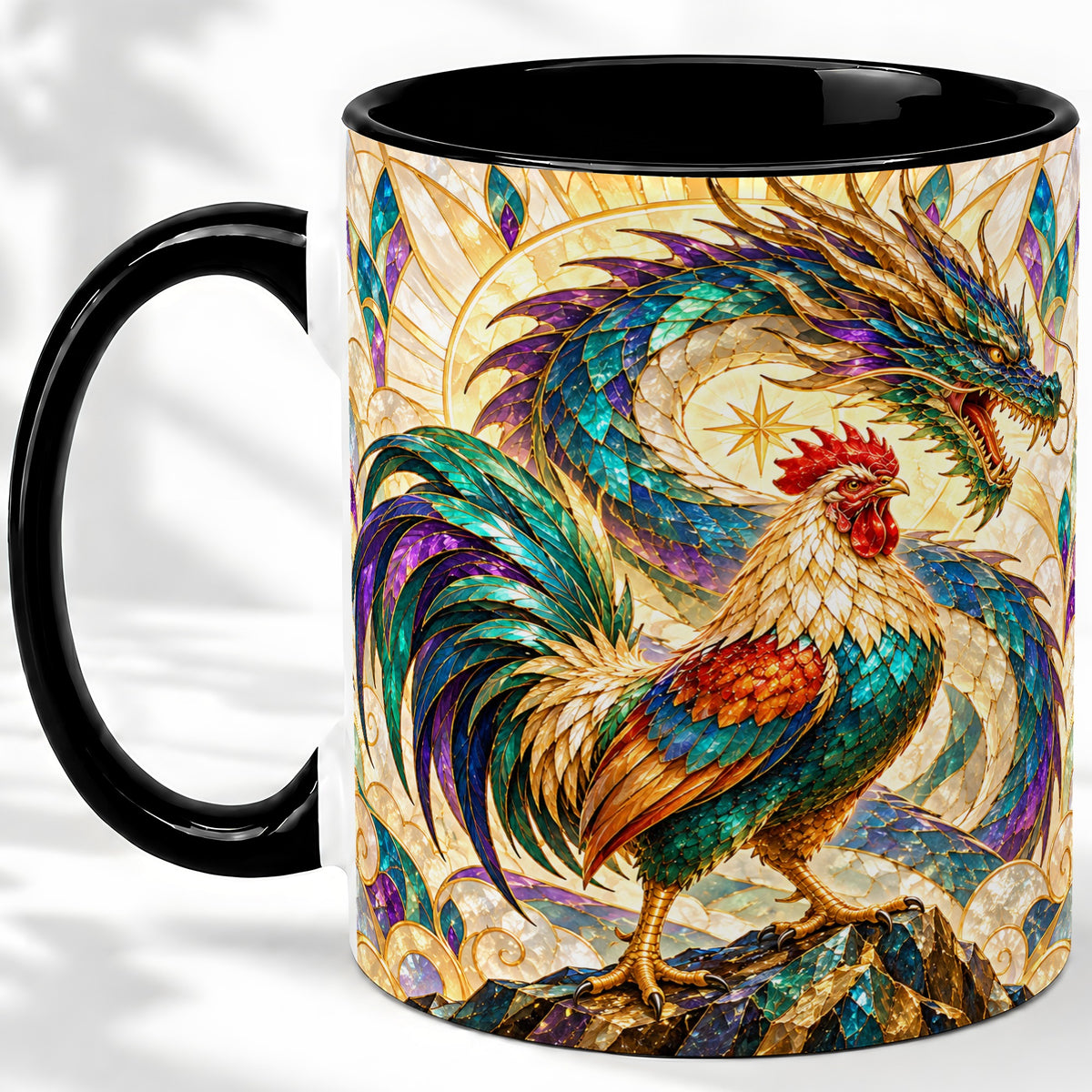 #pl[11oz|Black] Stained Glass Style Rooster Dragon Ceramic Mug