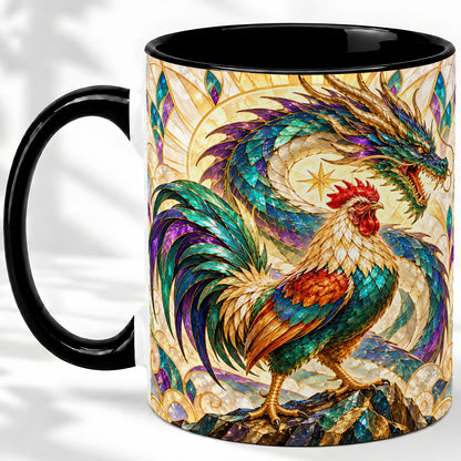#pl[11oz|Black] Stained Glass Style Rooster Dragon Ceramic Mug