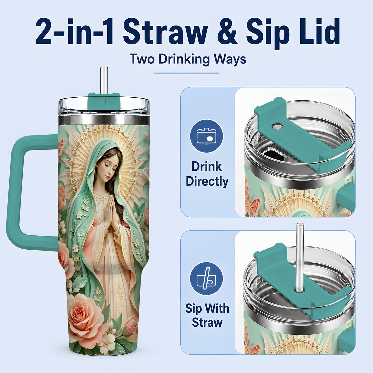 #pl[40oz|Green] Virgin Mary Floral 40oz Tumbler with Roses and Butterfly Artwork