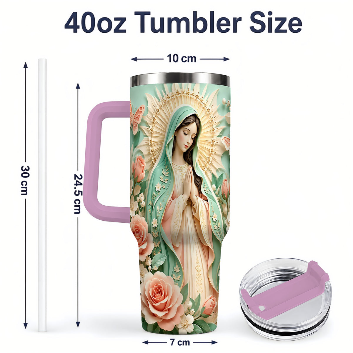 #pl[40oz|Pink] Virgin Mary Floral 40oz Tumbler with Roses and Butterfly Artwork