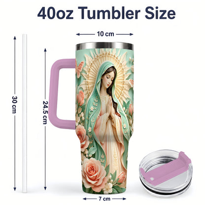 #pl[40oz|Pink] Virgin Mary Floral 40oz Tumbler with Roses and Butterfly Artwork