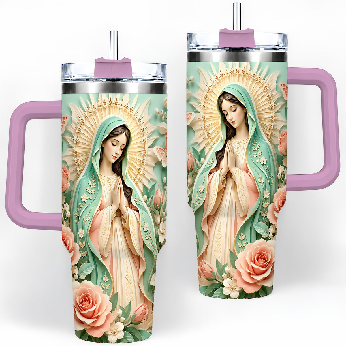 #pl[40oz|Pink] Virgin Mary Floral 40oz Tumbler with Roses and Butterfly Artwork