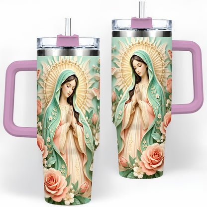 #pl[40oz|Pink] Virgin Mary Floral 40oz Tumbler with Roses and Butterfly Artwork