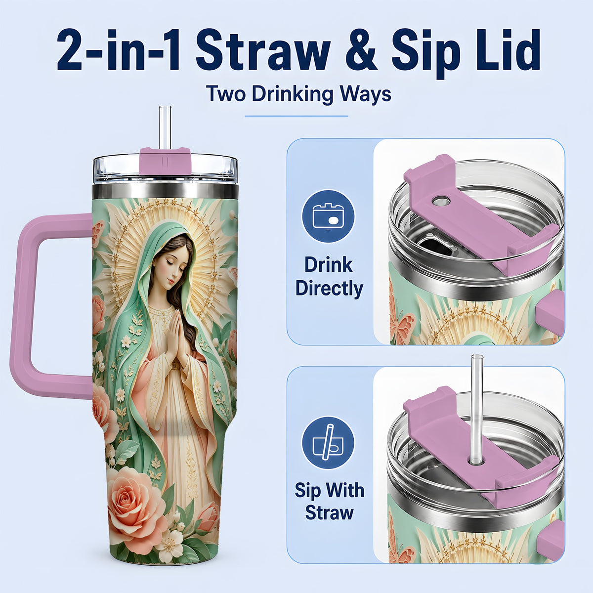 #pl[40oz|Pink] Virgin Mary Floral 40oz Tumbler with Roses and Butterfly Artwork