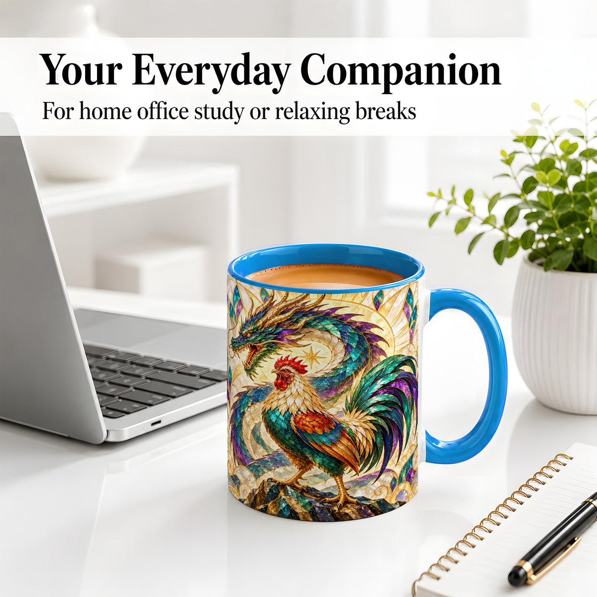 #pl[11oz|Blue] Stained Glass Style Rooster Dragon Ceramic Mug