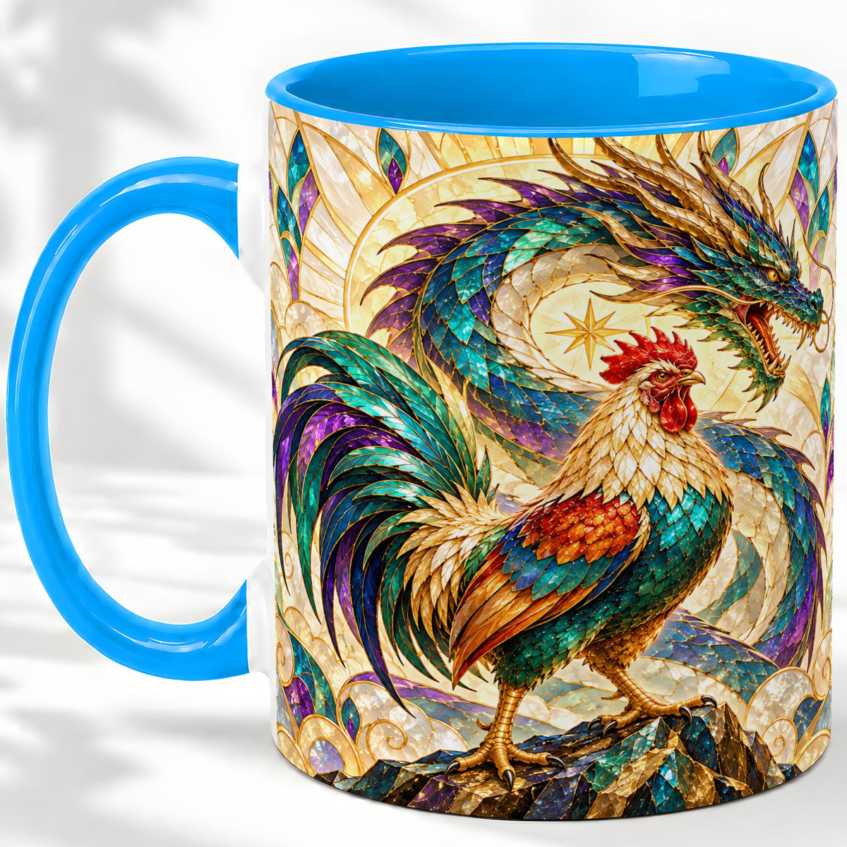 #pl[11oz|Blue] Stained Glass Style Rooster Dragon Ceramic Mug
