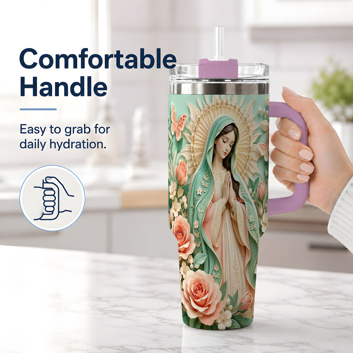 #pl[40oz|Pink] Virgin Mary Floral 40oz Tumbler with Roses and Butterfly Artwork