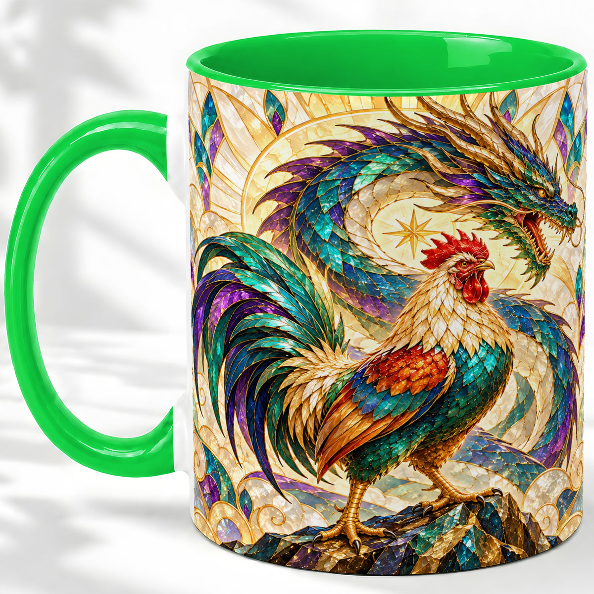 #pl[11oz|Green] Stained Glass Style Rooster Dragon Ceramic Mug