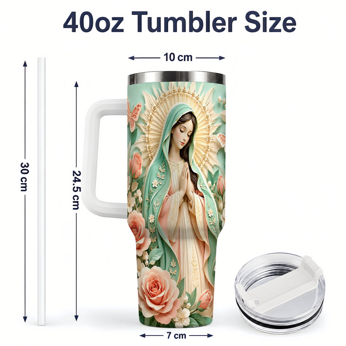 #pl[40oz|White] Virgin Mary Floral 40oz Tumbler with Roses and Butterfly Artwork