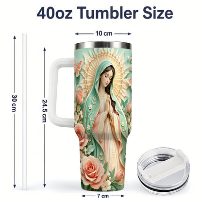 #pl[40oz|White] Virgin Mary Floral 40oz Tumbler with Roses and Butterfly Artwork