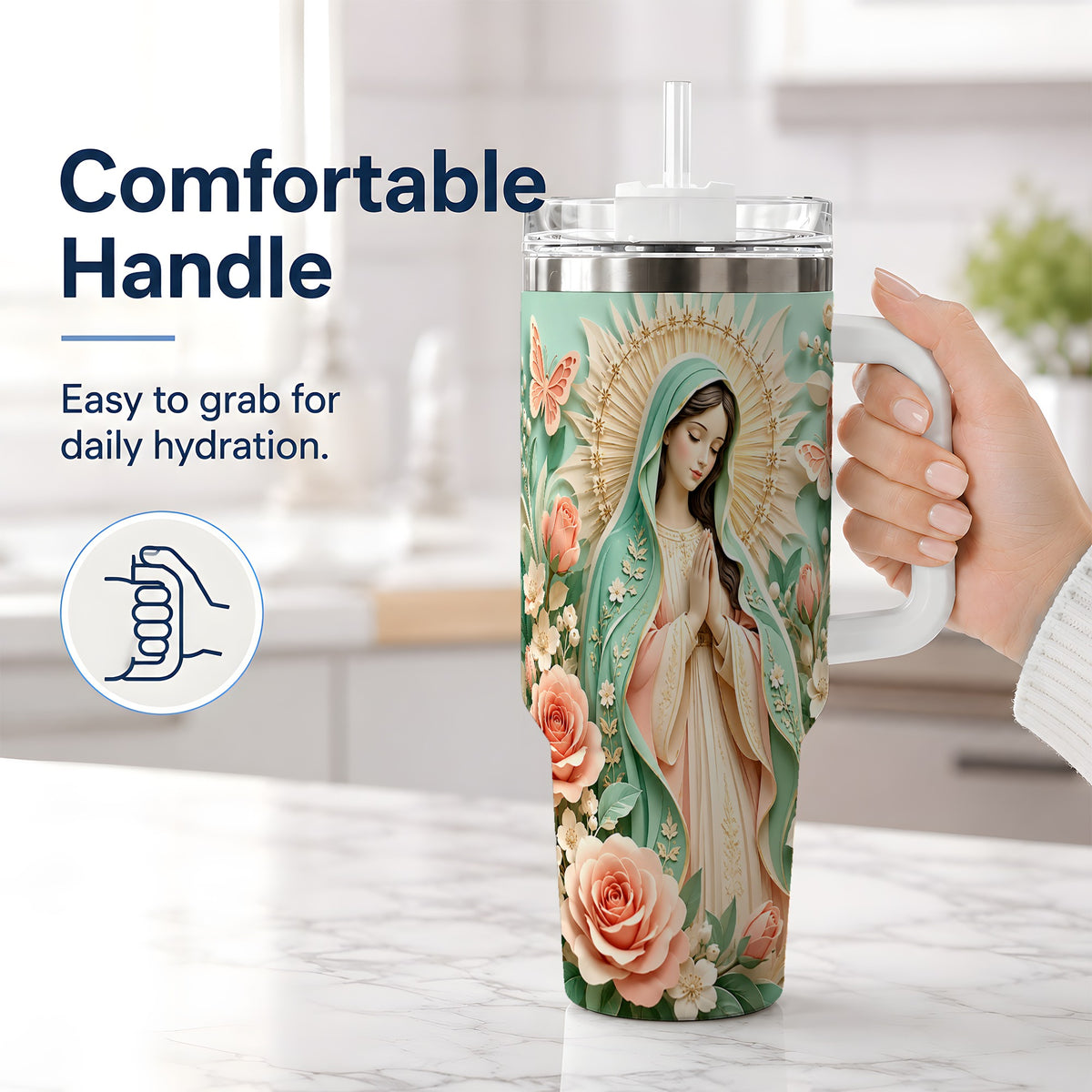 #pl[40oz|White] Virgin Mary Floral 40oz Tumbler with Roses and Butterfly Artwork