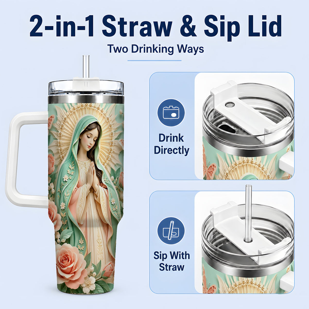 #pl[40oz|White] Virgin Mary Floral 40oz Tumbler with Roses and Butterfly Artwork