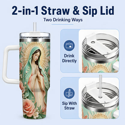 #pl[40oz|White] Virgin Mary Floral 40oz Tumbler with Roses and Butterfly Artwork