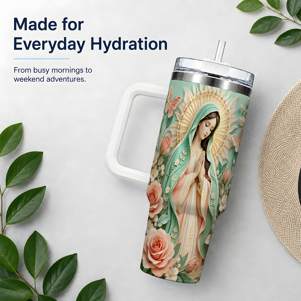Virgin Mary Floral 40oz Tumbler with Roses and Butterfly Artwork