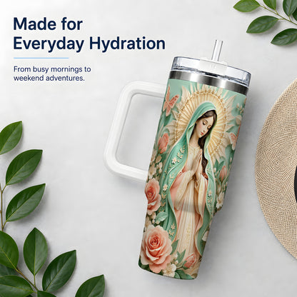 Virgin Mary Floral 40oz Tumbler with Roses and Butterfly Artwork
