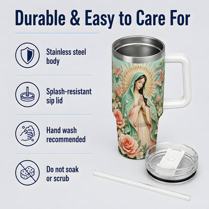Virgin Mary Floral 40oz Tumbler with Roses and Butterfly Artwork