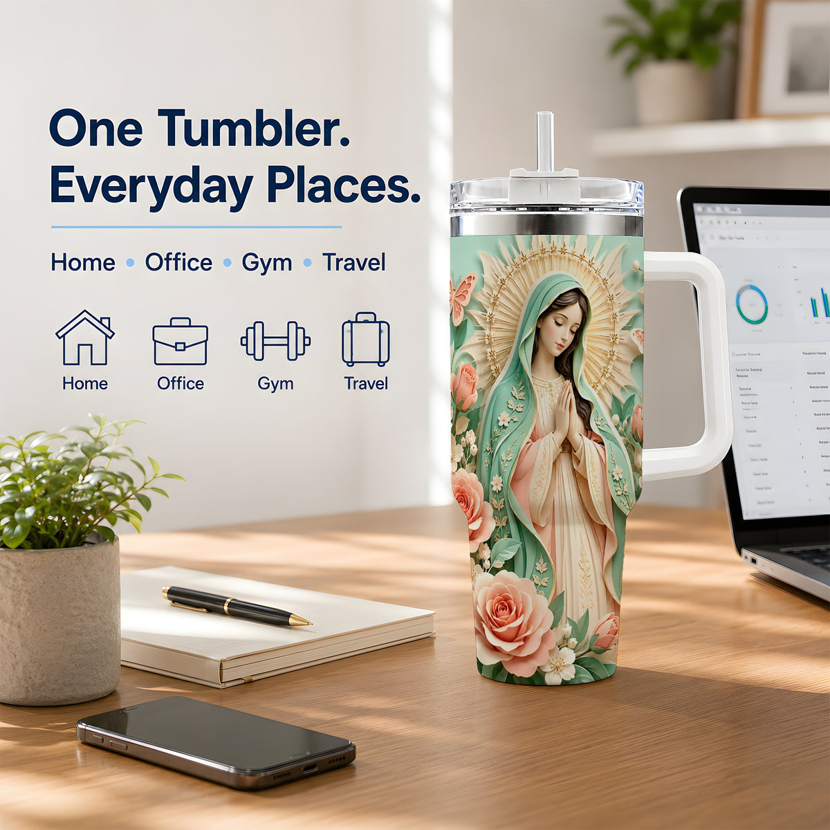 Virgin Mary Floral 40oz Tumbler with Roses and Butterfly Artwork