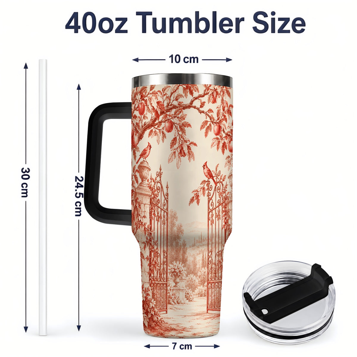 #pl[40oz|Black] Red Toile Garden 40oz Tumbler with Cardinal and Apple Artwork