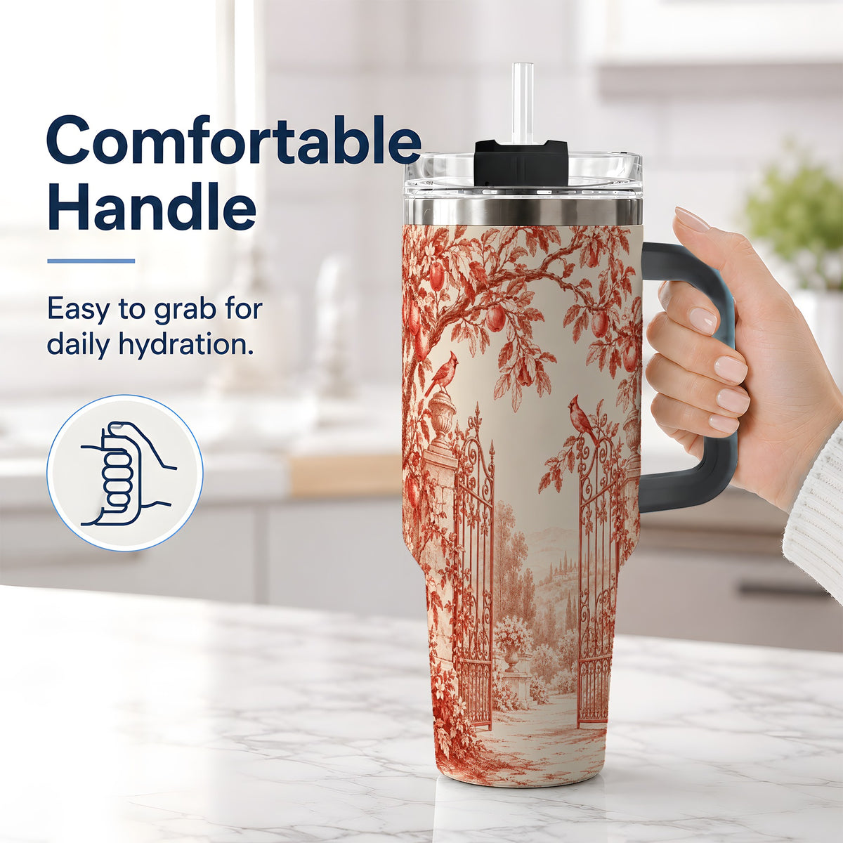 #pl[40oz|Black] Red Toile Garden 40oz Tumbler with Cardinal and Apple Artwork