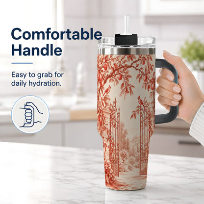#pl[40oz|Black] Red Toile Garden 40oz Tumbler with Cardinal and Apple Artwork