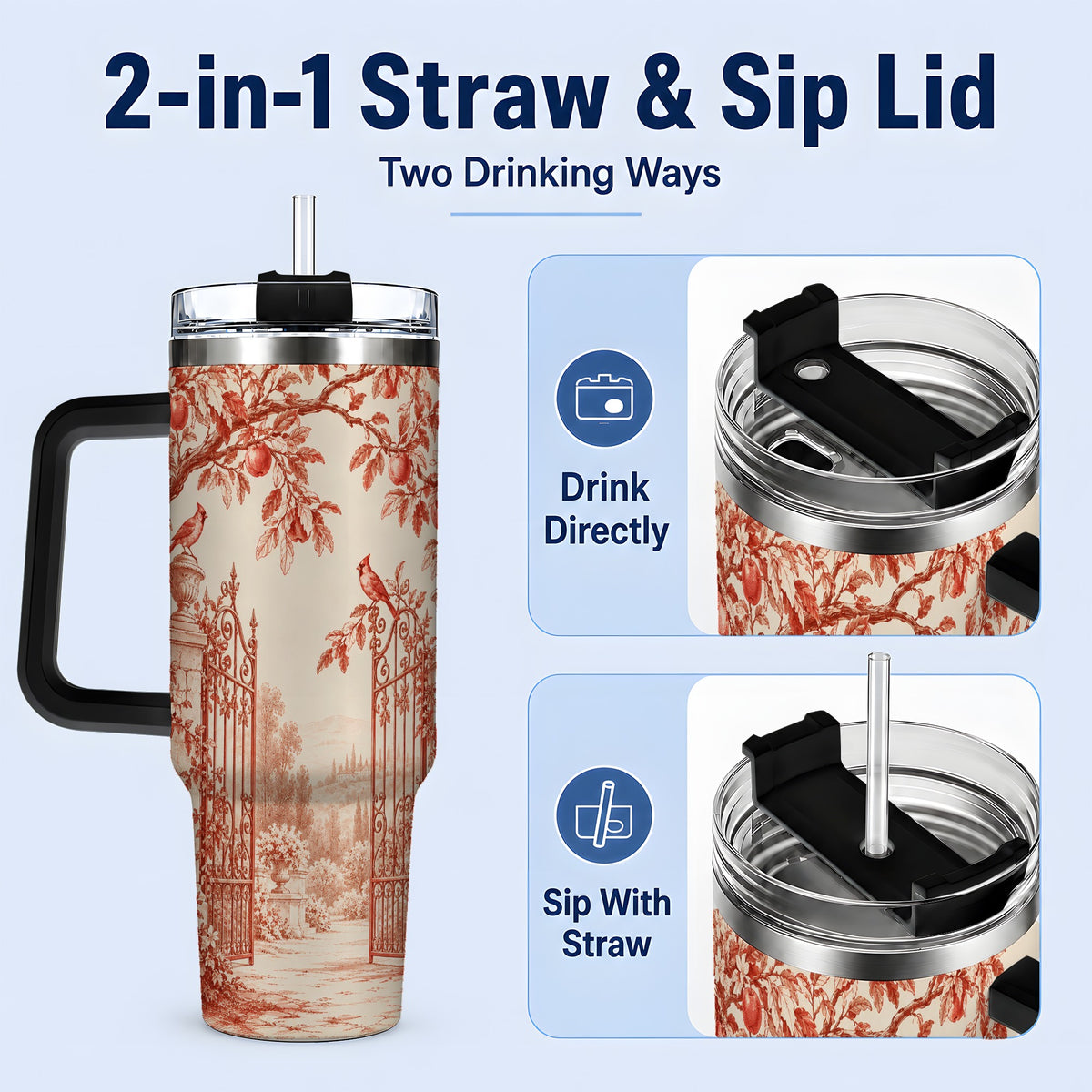 #pl[40oz|Black] Red Toile Garden 40oz Tumbler with Cardinal and Apple Artwork