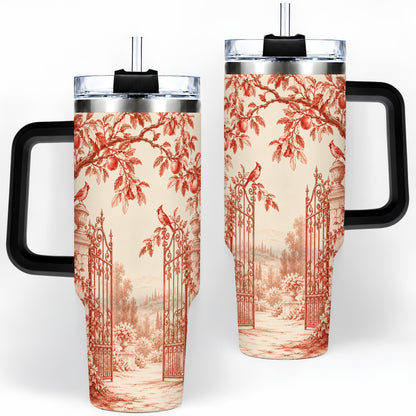 #pl[40oz|Black] Red Toile Garden 40oz Tumbler with Cardinal and Apple Artwork