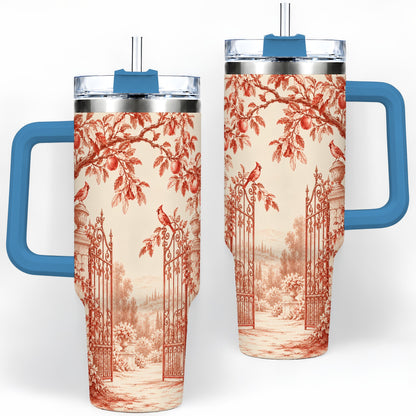 #pl[40oz|Blue] Red Toile Garden 40oz Tumbler with Cardinal and Apple Artwork