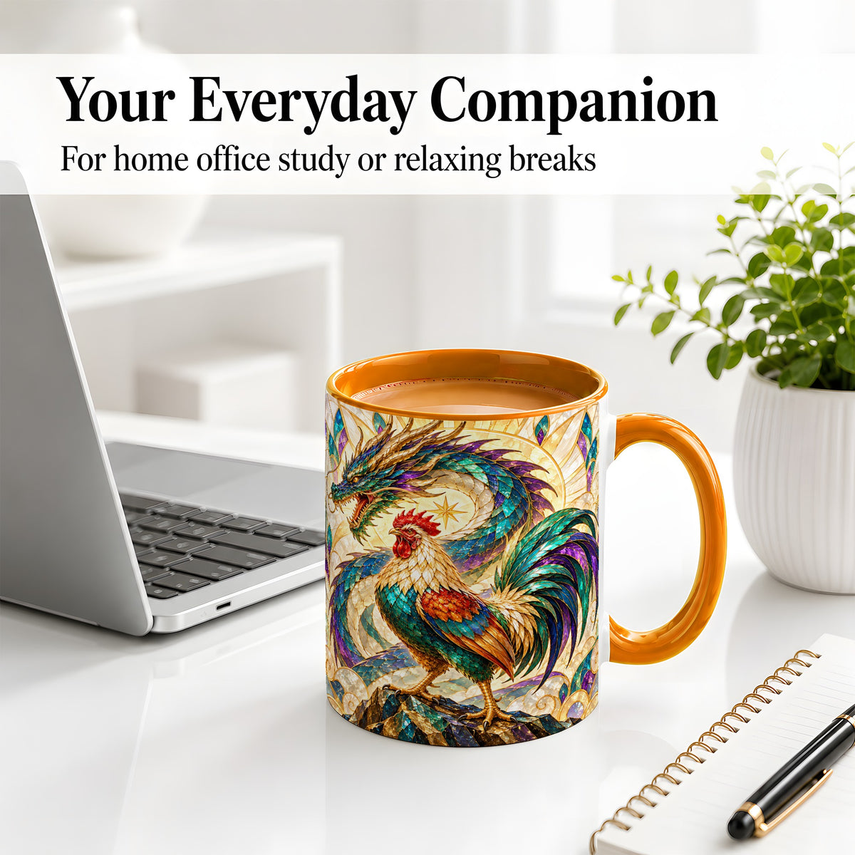 #pl[11oz|Orange] Stained Glass Style Rooster Dragon Ceramic Mug