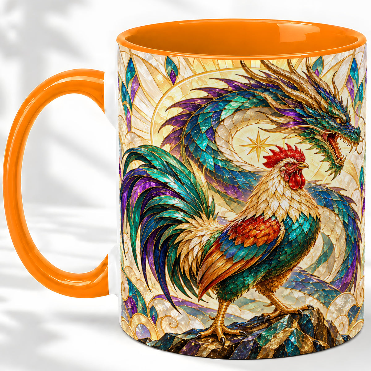 #pl[11oz|Orange] Stained Glass Style Rooster Dragon Ceramic Mug
