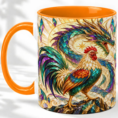 #pl[11oz|Orange] Stained Glass Style Rooster Dragon Ceramic Mug