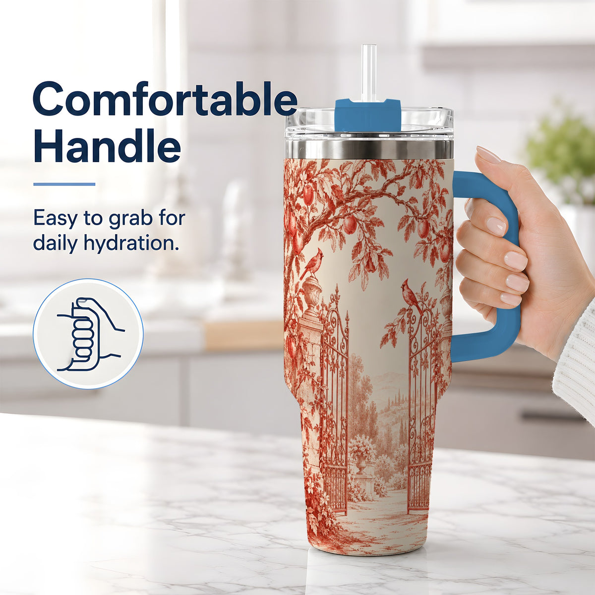 #pl[40oz|Blue] Red Toile Garden 40oz Tumbler with Cardinal and Apple Artwork