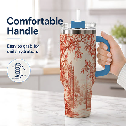 #pl[40oz|Blue] Red Toile Garden 40oz Tumbler with Cardinal and Apple Artwork