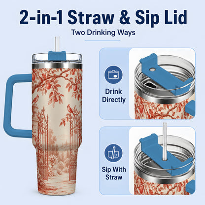 #pl[40oz|Blue] Red Toile Garden 40oz Tumbler with Cardinal and Apple Artwork