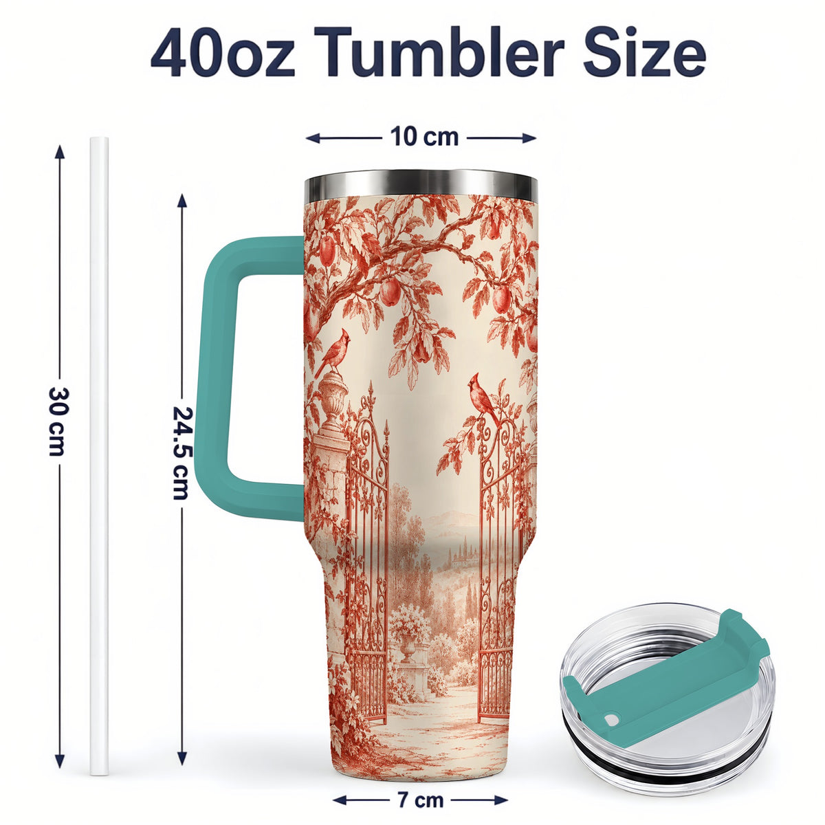 #pl[40oz|Green] Red Toile Garden 40oz Tumbler with Cardinal and Apple Artwork