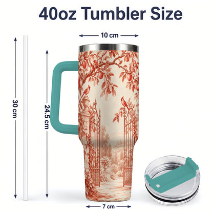 #pl[40oz|Green] Red Toile Garden 40oz Tumbler with Cardinal and Apple Artwork