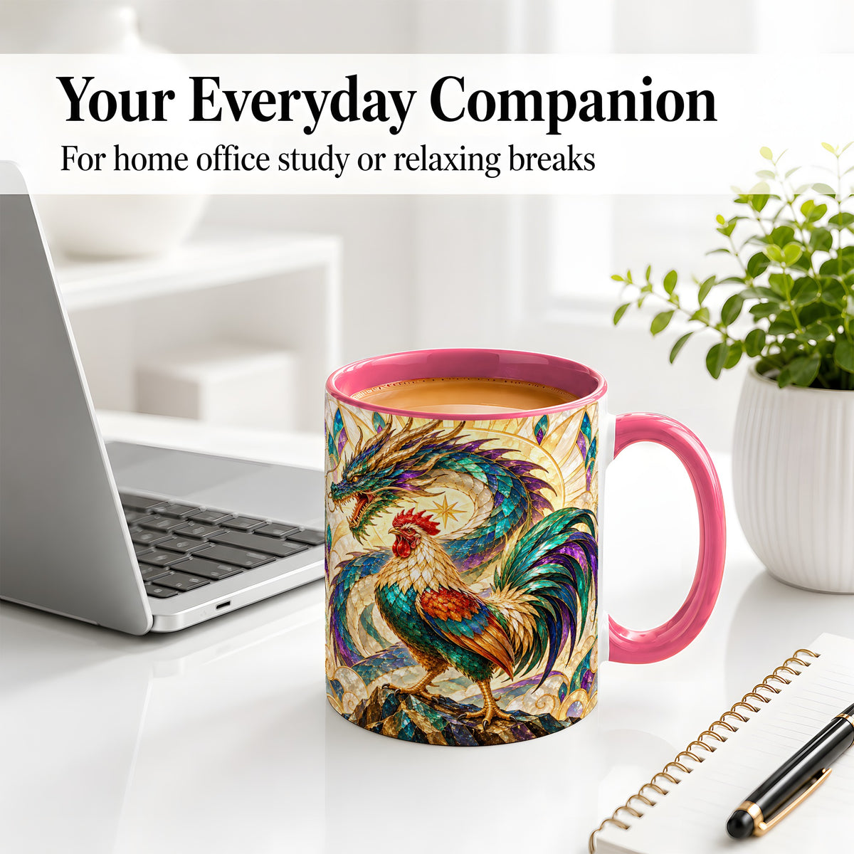 #pl[11oz|Pink] Stained Glass Style Rooster Dragon Ceramic Mug