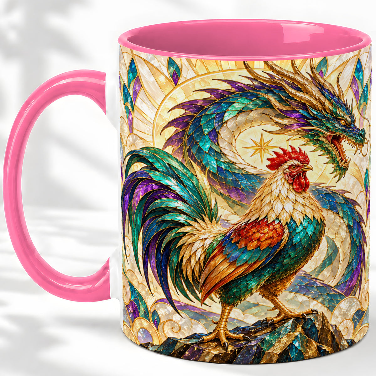 #pl[11oz|Pink] Stained Glass Style Rooster Dragon Ceramic Mug