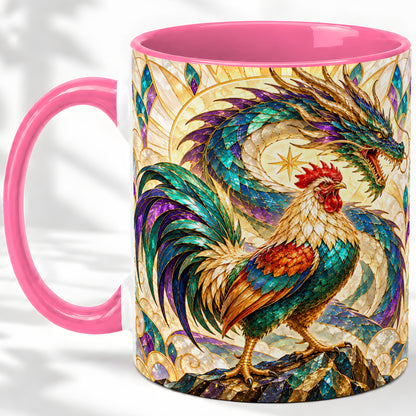 #pl[11oz|Pink] Stained Glass Style Rooster Dragon Ceramic Mug
