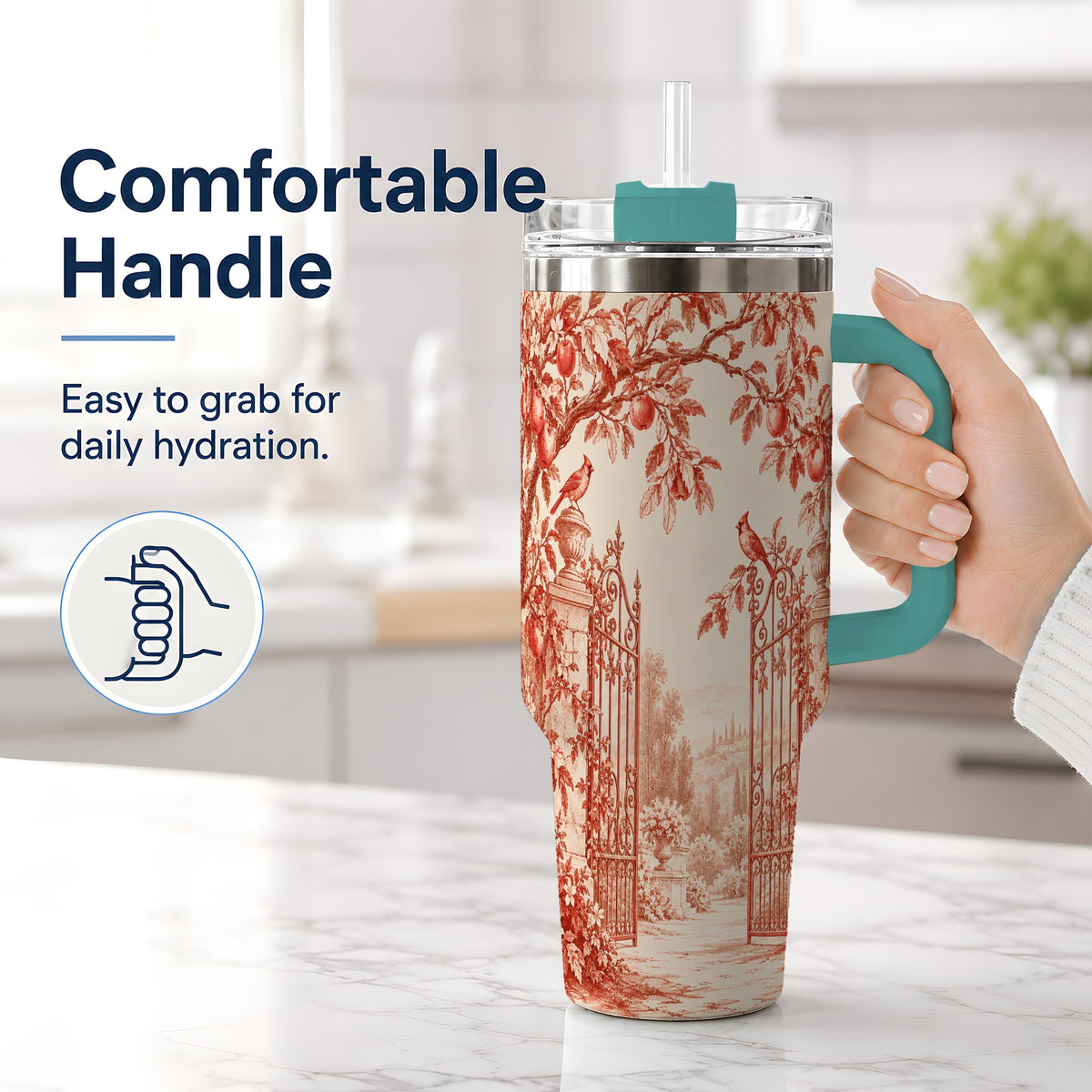 #pl[40oz|Green] Red Toile Garden 40oz Tumbler with Cardinal and Apple Artwork