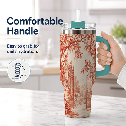 #pl[40oz|Green] Red Toile Garden 40oz Tumbler with Cardinal and Apple Artwork