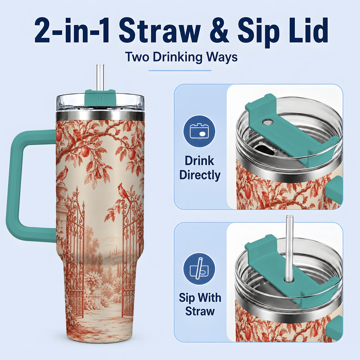 #pl[40oz|Green] Red Toile Garden 40oz Tumbler with Cardinal and Apple Artwork