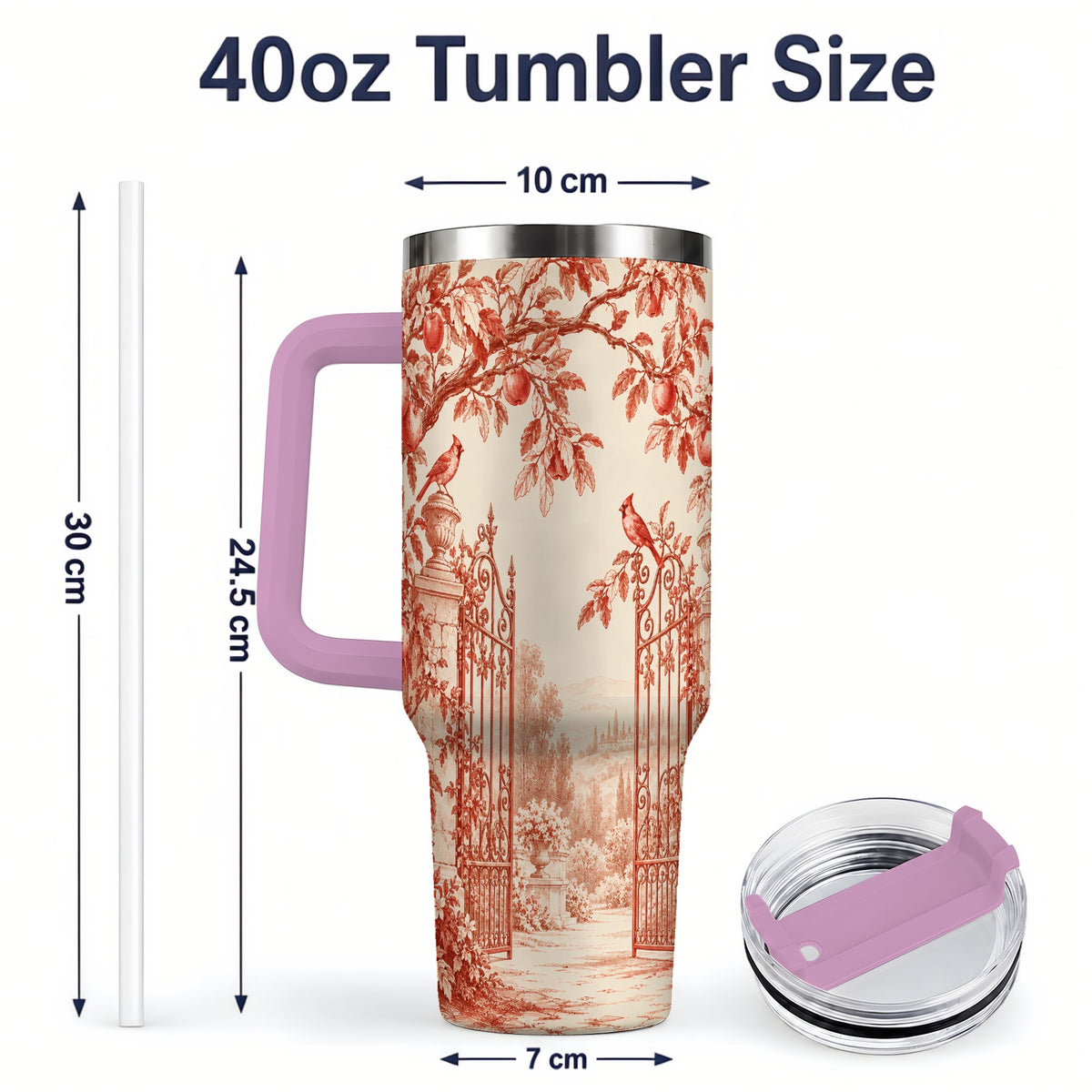 #pl[40oz|Pink] Red Toile Garden 40oz Tumbler with Cardinal and Apple Artwork